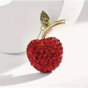 Sparkling Red Crystal Cherry Brooch Pin With Gold-Tone Leaf & Stem
